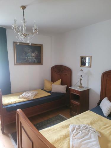 a bedroom with two beds and a chandelier at Gute Stube in Hohen Neuendorf