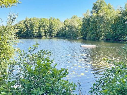 a boat in the middle of a lake with trees at 4 star holiday home in Backaryd in Backaryd