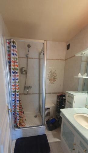 une salle de bain avec douche et lavabo dans l'établissement au calme et 2 pas de la mer, à Nice