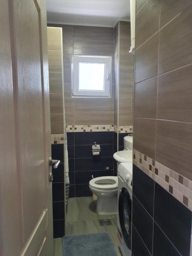 a small bathroom with a toilet and a window at Apartments Luna in Bar