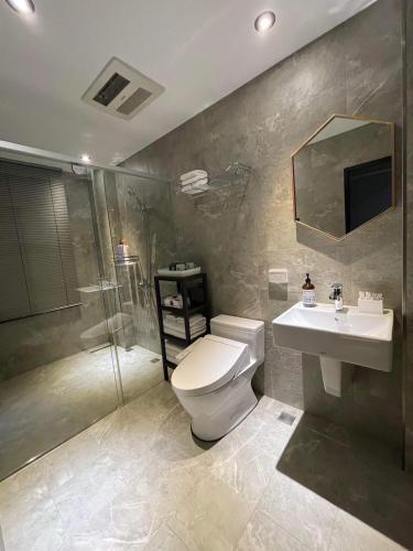 a bathroom with a toilet and a sink and a shower at 萊恩晴旅包棟民宿 in Magong