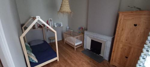 - un salon avec une cheminée et un lit bébé dans l'établissement Vue sur la cité, à Carcassonne