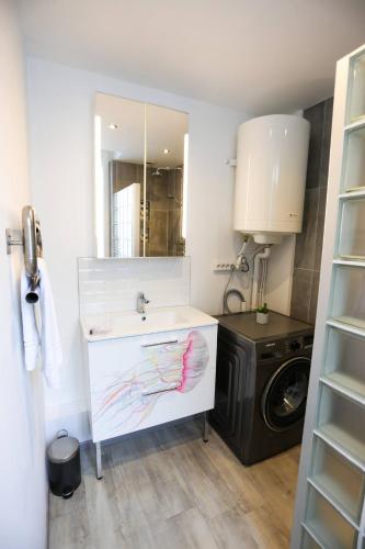 une salle de bain avec un lavabo et une machine à laver dans l'établissement 50 Nuances Rémoises, à Reims