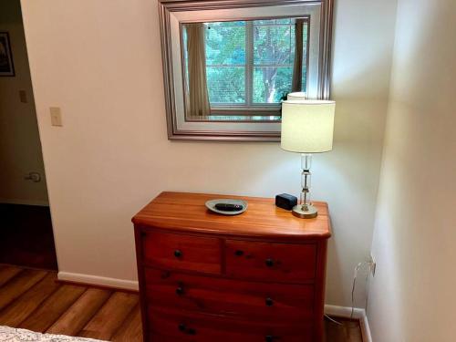 a bedroom with a dresser with a lamp and a window at Meadow View Acres - 6 acre spacious estate 20 min from UVA in Charlottesville