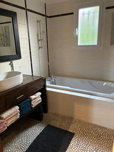 une salle de bain avec un lavabo et une baignoire dans l'établissement Bienvenue en provence, à Orange