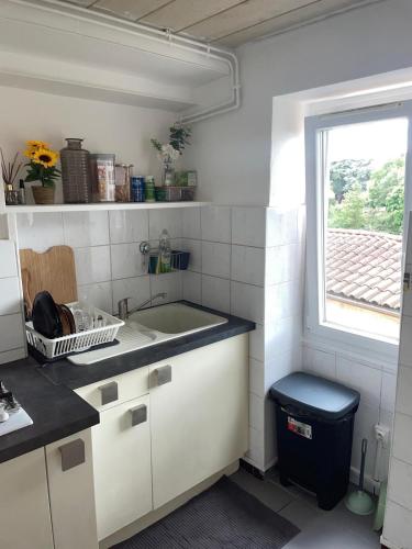 une petite cuisine avec un évier et une fenêtre dans l'établissement Residence MH Lyon, à Rillieux-la-Pape