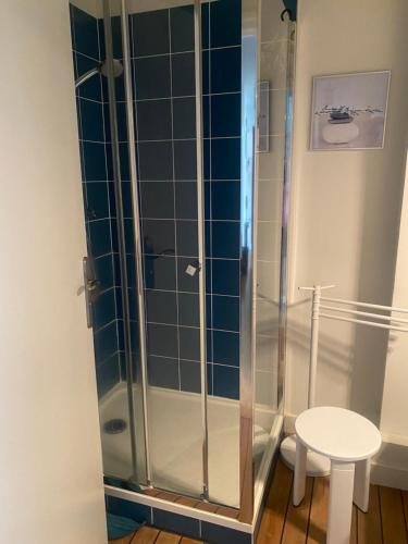 La salle de bains est pourvue d'une douche en verre et de toilettes. dans l'établissement Arcachon, à Arcachon