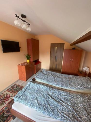 a bedroom with a large bed and a flat screen tv at Pokoje u Eli in Solec-Zdrój