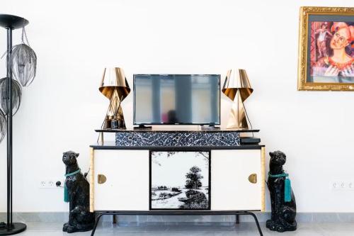 ein Fernseher auf einer Kommode mit zwei Hunden in der Unterkunft Elegante Apartamento en Granada Centro in Granada