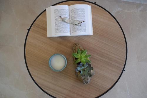 a table with a book and a candle and a plant at The Olive's Whisper in Skalánion