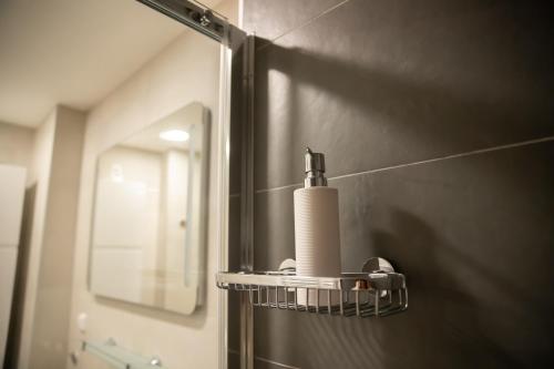 a bathroom with a soap dispenser on a wall at Luxusní apartmán 3KK u náměstí - Klicperova in Hradec Králové