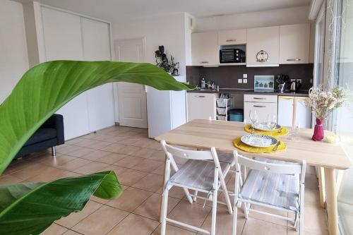 une cuisine avec une table, des chaises et une plante dans l'établissement Apartment in Annecy-le-Vieux near lake Albigny beach, à Annecy