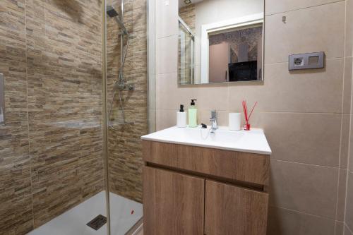 un bagno con lavandino e doccia di Hogar en Calle Lavapiés a Madrid