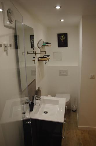 une salle de bain avec un lavabo blanc et des toilettes dans l'établissement Oriana & Philippe au pied du métro 4, à Bagneux