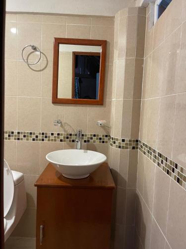 a bathroom with a sink and a mirror at Cabaña Croton Punto Surf Barra la Saladita in La Salada