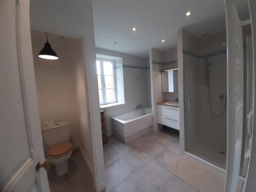 a bathroom with a tub and a toilet and a shower at Retraite Champêtre avec Home Cinéma et Verger Libre Cueillette, près de la Loire et des Châteaux - FR-1-590-435 in Gémigny