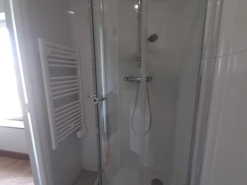 a bathroom with a shower with a glass door at Maison de charme en pleine nature avec verger et activités familiales à Gémigny. - FR-1-590-436 in Gémigny