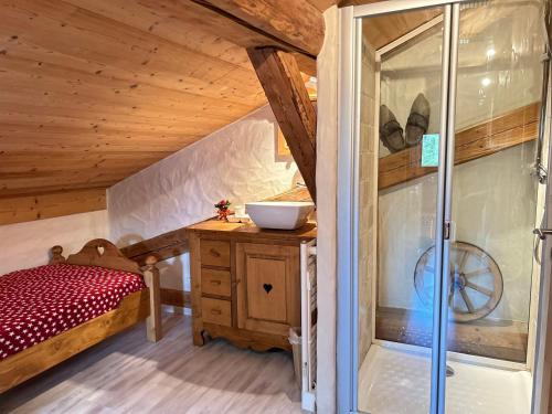 Cette chambre comprend un lit et une salle de bains pourvue d'une douche. dans l'établissement Appartement Duplex, 6 Couchages, Proche Pistes Perrières, Balcon et Confort Moderne - FR-1-623-359, aux Gets