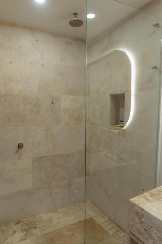 a shower with a glass door in a bathroom at Hotel Casa Don Luis by Faranda Boutique, a member of Radisson Individuals in Cartagena de Indias