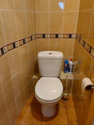 a bathroom with a white toilet in a room at Lyra cozy large apartment in Šiauliai