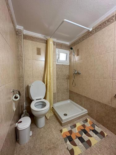 a bathroom with a toilet and a shower at Dimar3 Seaside Apartment in Paralia Dionysiou