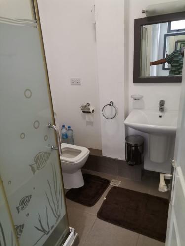 Un baño con lavabo, inodoro y espejo. en Villa Allamanda, en Flic en Flac