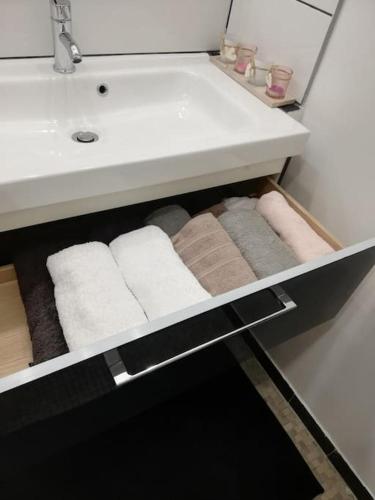 une salle de bain avec un lavabo et des serviettes dans un tiroir dans l'établissement Logement entier tout confort, à Saint-Cyr-lʼÉcole