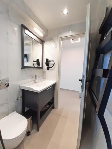 a bathroom with a sink and a toilet and a mirror at Casa Del Sol Luxury House in Xylokastro