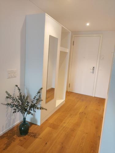 a hallway with a vase with a plant in it at Wohnstation Princess Suite in Subingen