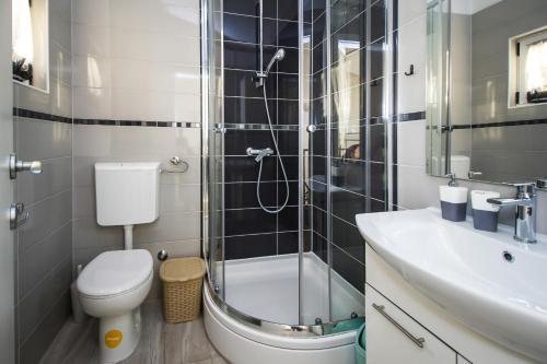 a bathroom with a shower and a toilet and a sink at Penthouse with HotTub and Duplex in Makarska