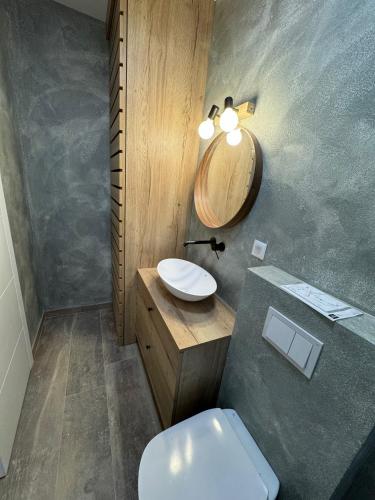 a bathroom with a toilet and a sink and a mirror at Aura Adriatica Onyx - Luxury Apartment, private pool, sea view, parking in Lovran