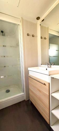 a bathroom with a shower and a sink and a mirror at Camping Prima in Týn nad Vltavou