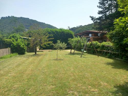 une cour avec un petit arbre et une balançoire dans l'établissement Gîte Mathéo, à Pont-de-Labeaume