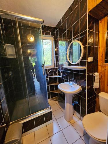 a bathroom with a shower and a toilet and a sink at Dom Letniskowy nad jeziorem in Wilkasy