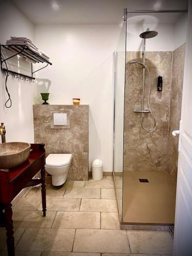 une salle de bain avec une douche, des toilettes et un lavabo dans l'établissement Gîte Duplex Vallée de la Vienne, à Availles-Limouzine