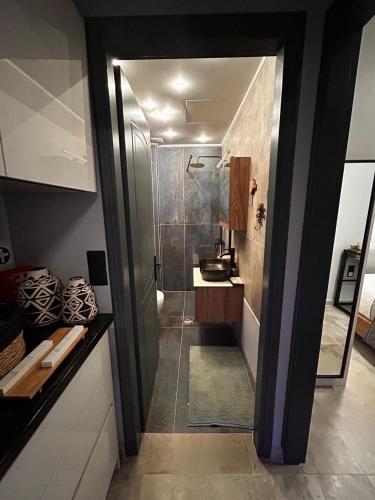 a bathroom with a shower and a sink at George luxury living in Preveza