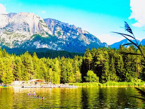 people swimming in a lake in front of a mountain at Vidora Apartments - Dolomites Escape in Alpe di Siusi (Seiser Alm) in Fiè