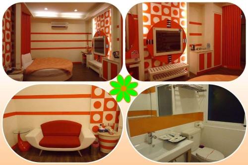 a collage of four pictures of a hotel room at 薇風情汽車旅館 - 潮州館 in Chaozhou