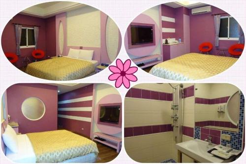 a collage of four pictures of a bedroom at 薇風情汽車旅館 - 潮州館 in Chaozhou