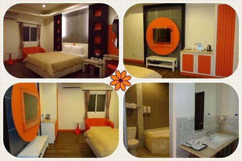 a collage of four pictures of a hotel room at 薇風情汽車旅館 - 潮州館 in Chaozhou