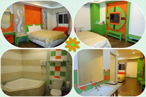 a collage of four pictures of a hotel room at 薇風情汽車旅館 - 潮州館 in Chaozhou
