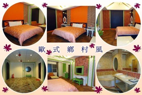 a collage of four pictures of a hotel room at 薇風情汽車旅館 - 潮州館 in Chaozhou