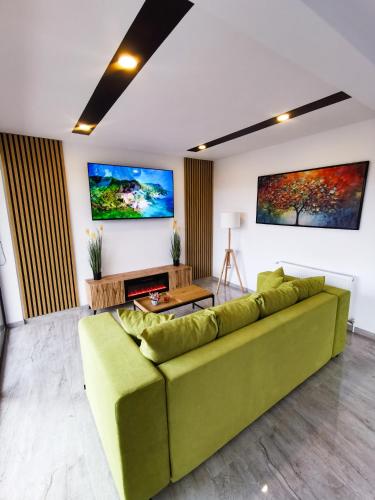 a living room with a green couch and two paintings on the wall at NOVA House Apartments in Delniţa