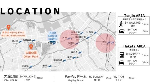 a map with red circles and the words location at Hotel Akasaka Heights in Fukuoka