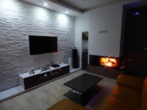 a living room with a fireplace and a television at Villa Martina Bellevue in Šmrika
