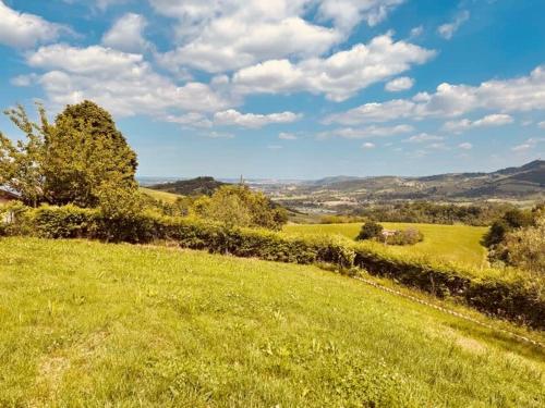 a field of green grass with mountains in the background at Villa Pallegorie in Monte San Pietro