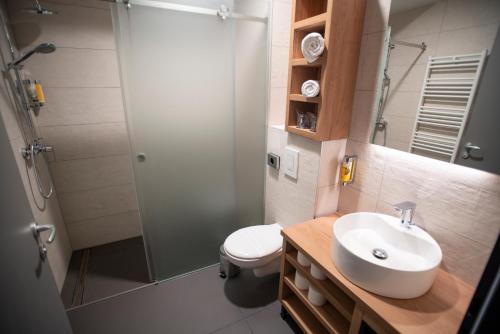a bathroom with a sink and a shower and a toilet at Akademis CUT Zabok in Zabok