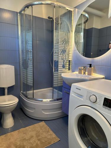 a bathroom with a shower and a washing machine at Apartment Diva Maria in Stinica