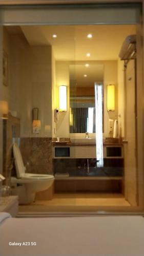 a bathroom with a sink and a mirror at Efcee Sarovar Premiere Bhavnagar in Bhavnagar