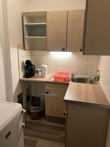 a small kitchen with a sink and a counter top at Pension Steiner, 6143 Matrei am Brenner!!Check-in between 15 - 21 o'clock!! No breakfast in Mühlbachl
